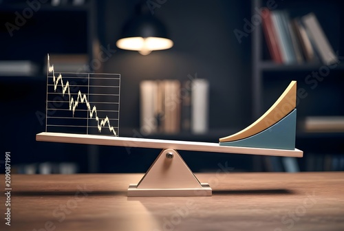Subject: gold price chart shows price drop balanced against rising portfolio allocation segments on a sophisticated investment seesaw model, Environment: executive wealth strategy studio with asset di