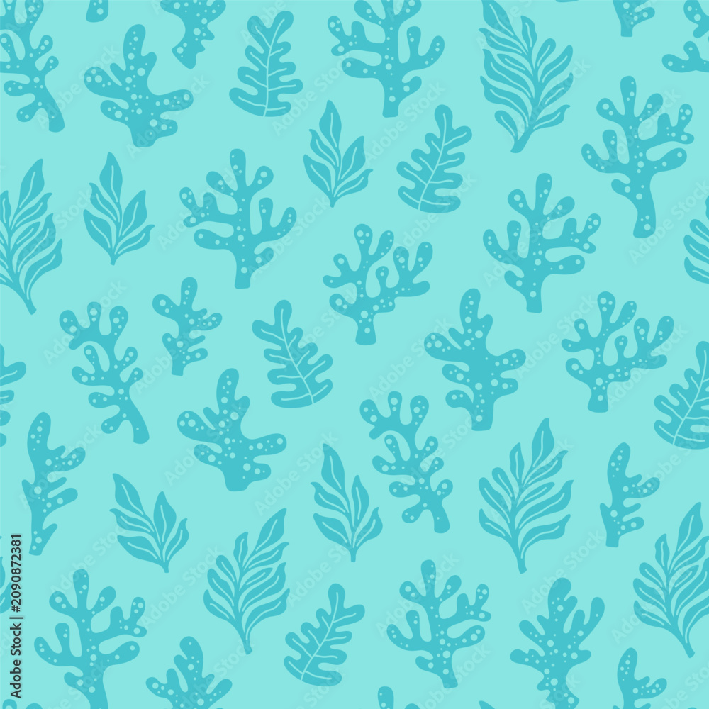 Fototapeta premium Hand drawn seamless pastel marine pattern with stylized corals, playful ocean themed boho background with pastel turquoise on turquoise background