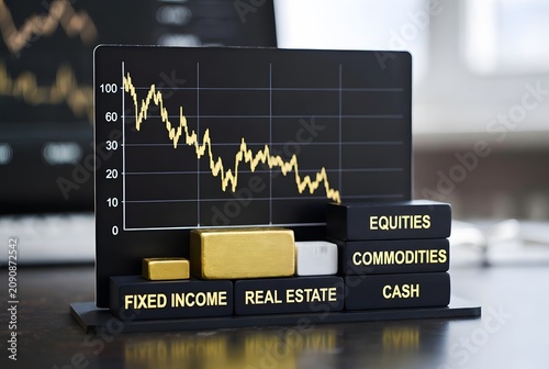 Subject: gold price chart shows price drop represented as a reduced gold allocation block within a refined portfolio model, Environment: modern wealth planning desk with labeled asset class blocks and