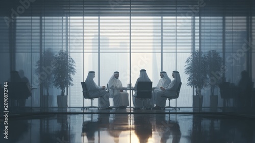 Arab Businessmen Meeting in Modern Office with City View.