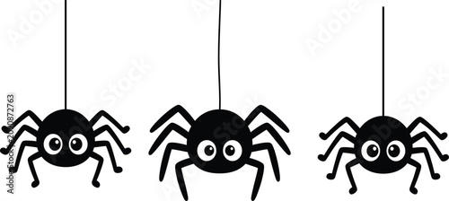 Cute cartoon black spider hanging on a thread vector illustration with halloween arachnid isolated character friendly minimalist decoration creature celebration wildlife whimsical childish