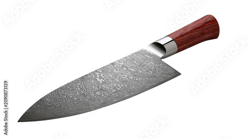 Bild auf Leinwand Sharp Damascus steel chef knife with polished metal bolster and wooden handle, i