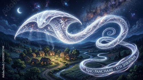 Surreal Concept Art of Ethereal White Serpent Soaring Over Nocturnal Rural Village for Naga Panchami

