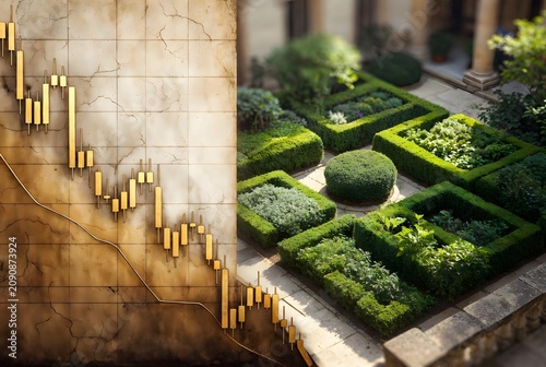 Subject: gold price chart shows price drop beside a carefully maintained investment garden where asset categories are selectively cultivated and repositioned, Environment: luxury wealth planning court