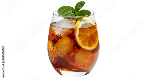 Foto Refreshing iced tea with lemon slices and mint leaves, isolated on transparent b