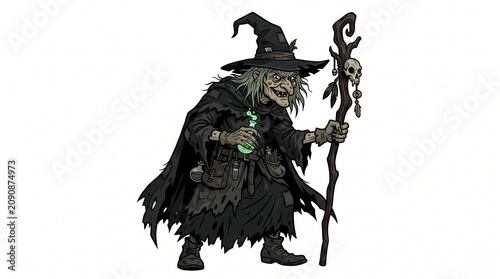 Spooky old witch illustration holding a magic staff and a green potion bottle on white background