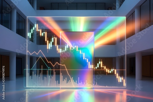 Subject: gold price chart shows price drop passing through a giant prism that separates capital into distinct portfolio allocation paths, Environment: visionary financial innovation center with geomet