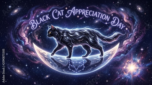 Surreal Concept Art of Black Cat with Liquid Mercury Fur Walking on Crescent Moon Against Starry Nebula Sky for Black Cat Appreciation Day

