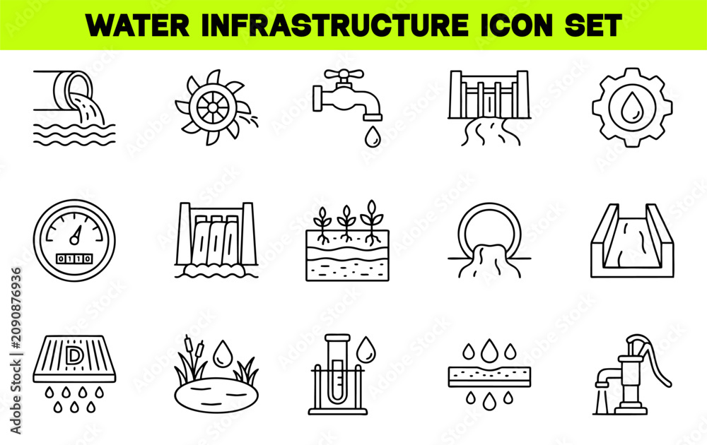Fototapeta premium Water Infrastructure Line Icon Set – Editable Stroke Vector Illustration for Water Supply, Management, Irrigation and Utility Concepts