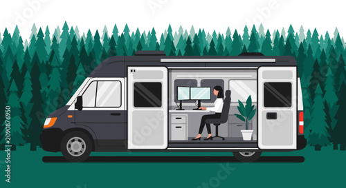 Camper van parked in a pine forest for outdoor travel adventure