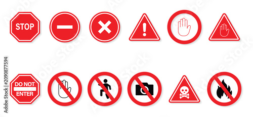 Traffic and prohibition sign set with red danger badges vector design. round and triangle warning with skull fire and no camera signs. vector illustration. 