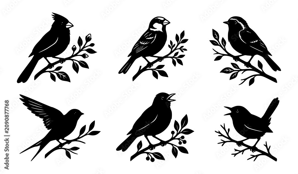 Fototapeta premium Small Songbird Silhouette Set with Singing Birds on Branches Editable Vector Collection