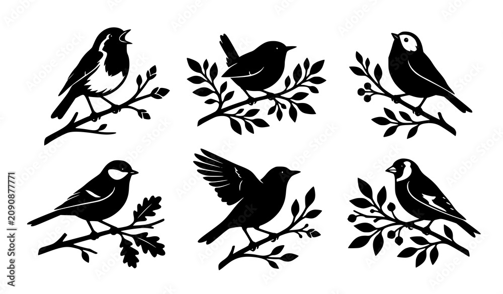 Fototapeta premium Black and White Songbird Silhouettes on Branches Nature Wildlife Vector Illustration Collection