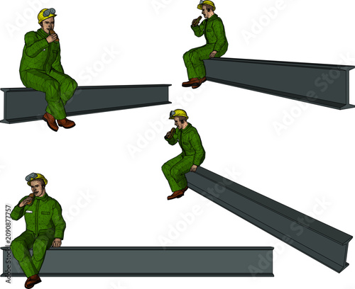 Bilde på lerret Group of industrial construction workers sitting on a long steel i-beam girder w