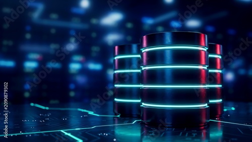 Futuristic digital data storage server racks with glowing blue light networking