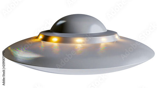 Obraz na płótnie Grey flying saucer with yellow lights, isolated on transparent background