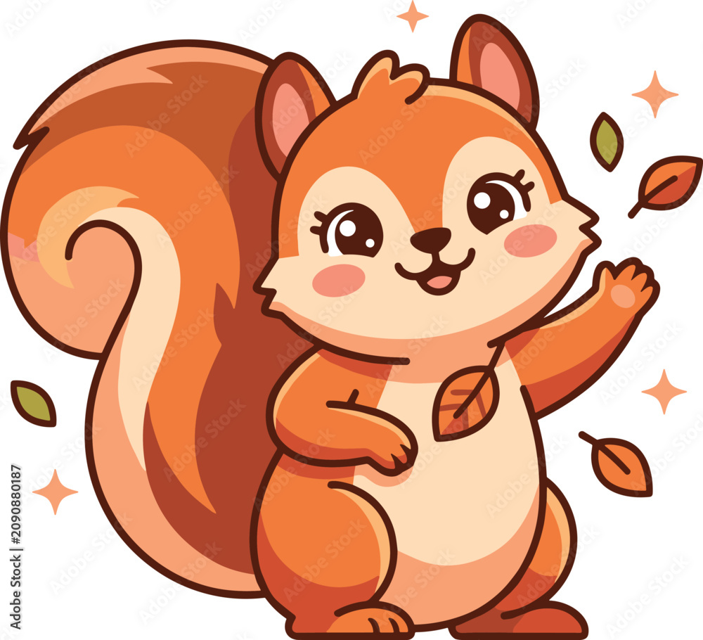 Obraz premium Cute happy cartoon squirrel character waving hand surrounded by falling autumn leaves isolated on plain white background vector illustration