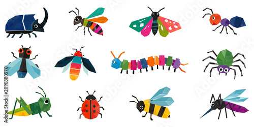Geometric insects vector set. Mosaic colorful bug icons isolated on white background. Flat cartoon style scolopendra, beetle, bee, butterfly, ladybug and spider collection for kids.