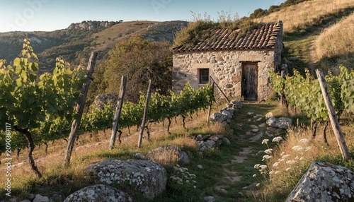 Rustic vineyard cottage on a sunny hillside, old stone walls, tiled roof and rows of grapevines in warm afternoon light, authentic wine country landscape for agritourism and rural travel