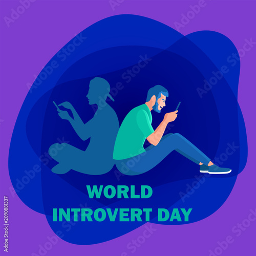 World introvert day illustration featuring a young man sitting back to back with his silhouette using a mobile phone
