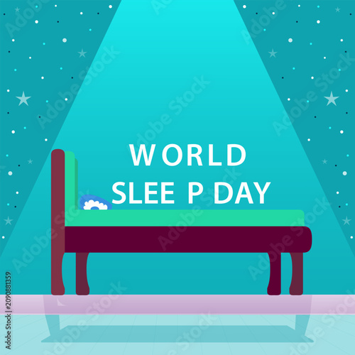 World sleep day celebration banner with a cozy bed under a bright spotlight and starry night sky background illustration
