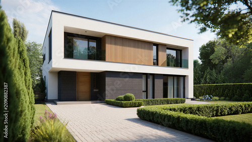 Modern geometric house with wood accents and landscaped garden real estate residential building