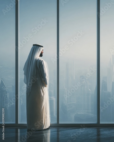 Arab man in traditional attire looking out of a modern skyscraper window at a city skyline.