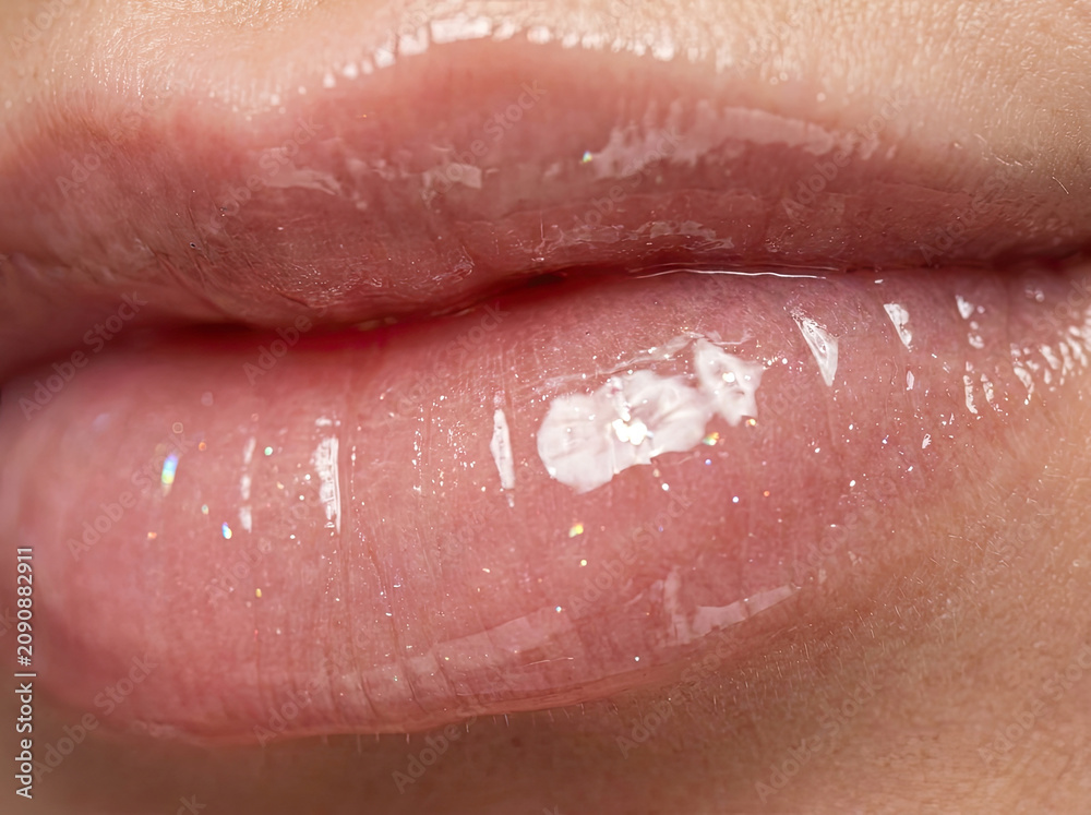 Fototapeta premium Glossy lips macro closeup with shimmering shine and soft texture, showcasing beauty and allure