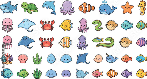 Cute Marine Animal Cartoon Collection Vector Set Featuring Fish Shark Octopus Crab Jellyfish Seahorse and Underwater Sea Creatures