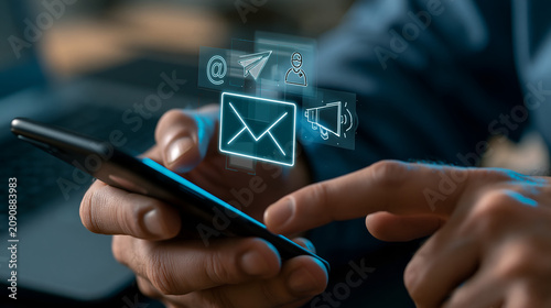 Digital email marketing concept shown as glowing holographic icons floating above a modern smartphone screen held by a person in a dark and professional office setting