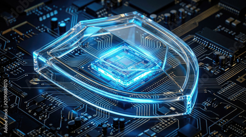 A luminous blue digital shield icon protects a central glowing electronic processor chip mounted on a complex dark circuit board representing cyber safety