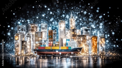 Container ship navigating futuristic cityscape with digital lights