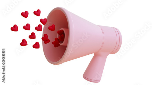 Pink megaphone broadcasting red hearts, isolated on transparent background