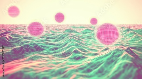 Abstract digital spheres floating over wavy abstract landscape