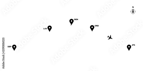 Airplane Flight Path Map with Airport Markers and Compass Featuring Travel, Journey, Navigation with Direction and Vector