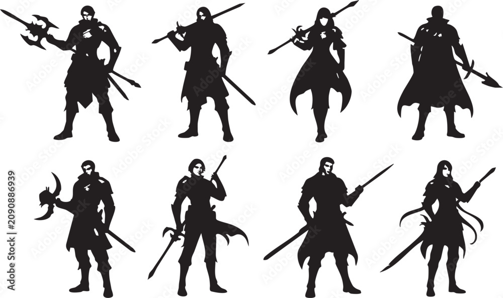 Fototapeta premium Eight black silhouettes of warriors with on white background swords