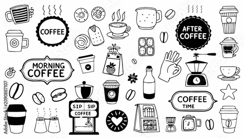Fényképezés Coffee themed Doodles And Illustrations A Collection Of Black And White Hand dra