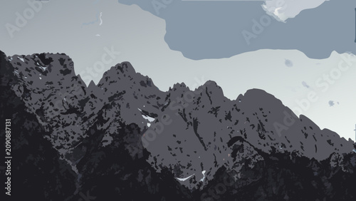Photos Jagged rocky peaks form a dramatic landscape in a grayscale stylized photographi