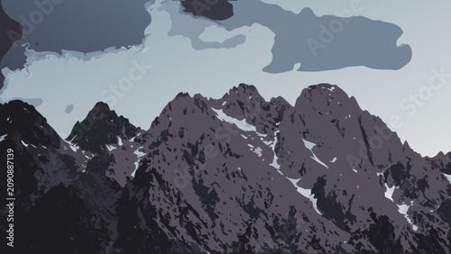 Canvastavla Jagged rocky peaks with cloudy sky a dramatic vector illustration in grayscale t
