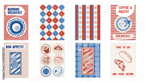 Foto Retro Breakfast Cards A Set Of Vertical Designs Featuring Food Illustrations And