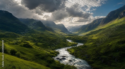 Dramatic green mountain valley with a winding river under storm clouds and sunlit hills, ideal for travel, nature conservation, or outdoor adventure campaigns.