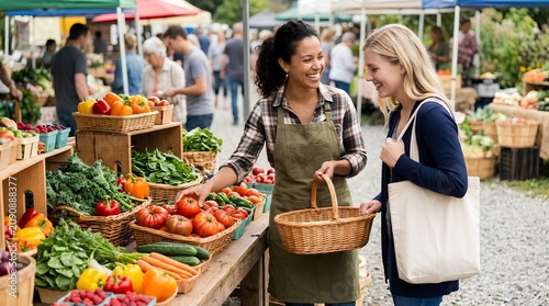 A smiling market vendor helps a shopper choose fresh tomatoes among colorful vegetables, useful for local food, healthy eating, and market advertising.