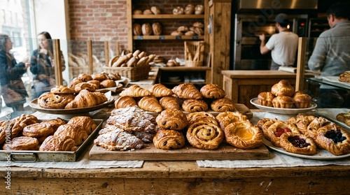 Golden croissants, danishes, and assorted pastries fill a rustic bakery counter with bakers and customers behind, suited for cafe menus and artisan food marketing.