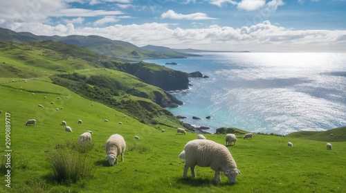 Sheep graze on vivid green coastal hills above a sparkling blue sea and rugged cliffs, ideal for travel, rural tourism, or sustainable agriculture promotions.