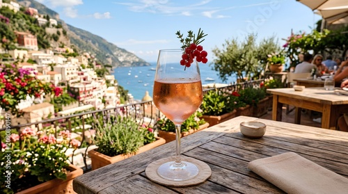 A chilled rosé spritz with red currants and herbs sits on a seaside terrace overlooking a cliffside coastal town, suited to luxury travel and aperitif marketing.