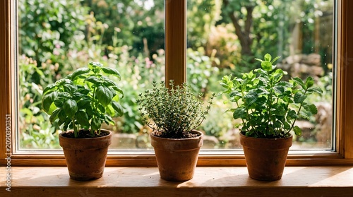 Three terracotta pots of fresh basil, thyme, and mint sit on a sunny wooden windowsill overlooking a lush garden, ideal for home gardening or culinary herb promotion.