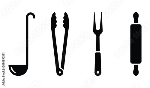 Obraz na płótnie Minimalist black vector graphic set of kitchen utensils including ladle tongs fo