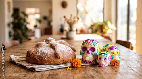 Festive Pan de Muerto and Sugar Skulls Arrangement for Day of the Dead Celebration Background