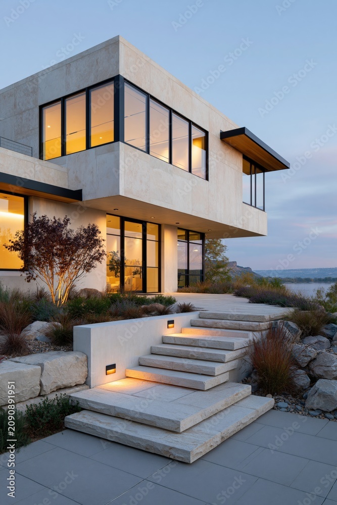Fototapeta premium Contemporary waterfront house with cantilevered upper level and illuminated stone steps for architectural background and modern real estate design