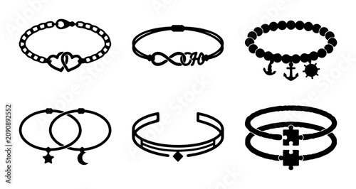 Foto Elegant Bracelet Icons Set, Minimalist Jewelry Graphics, Fashion Accessories Vec